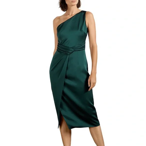 green emerald velvet dress Dark Green Satin One Shoulder Midi Dress | Melgar main image 0